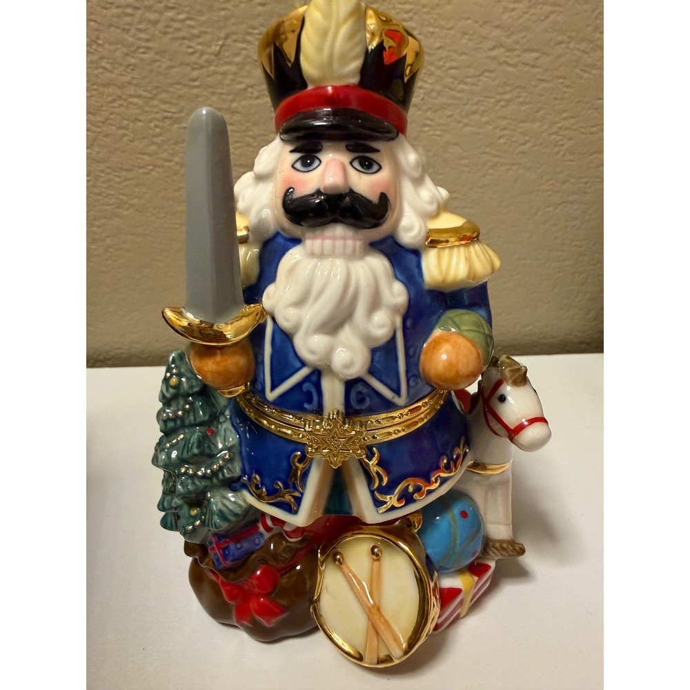 Traditions Porcelain Nutcracker Hinged Trinket Box Hand Painted Blue Gold 6.5"